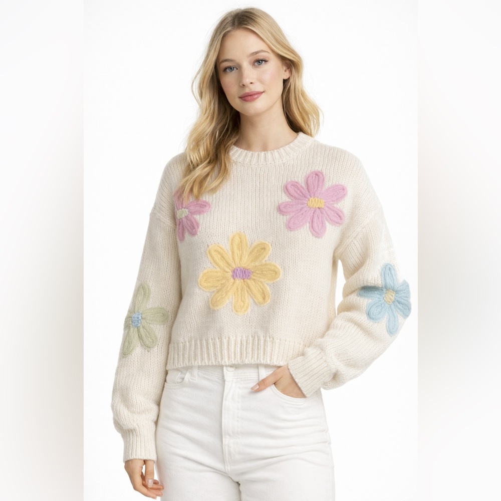 NWT Dreamers By Debut Floral Knit Cream Sweater